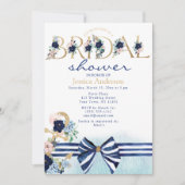 Nautical Floral Royal Blue und Gold Brautparty Einladung (Vorderseite)