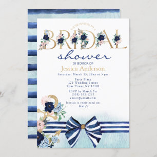 Nautical Floral Royal Blue und Gold Brautparty Einladung
