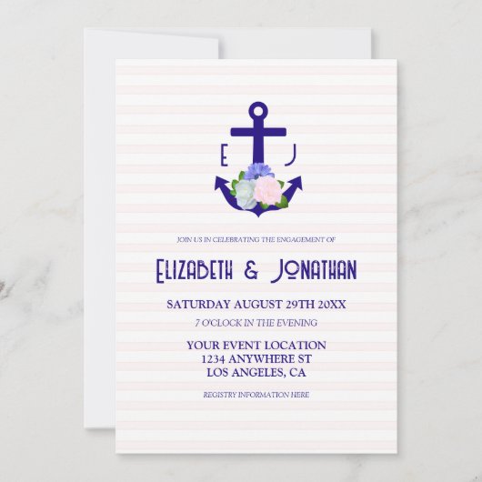 Nautical Floral Stripes Engagement Party Einladung (Vorderseite)