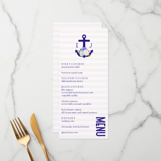 Nautical Floral Stripes Wedding Menükarte (Vorderseite/Rückseite Beispiel)