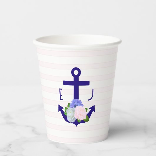 Nautical Floral Stripes Wedding Pappbecher (Vorderseite)