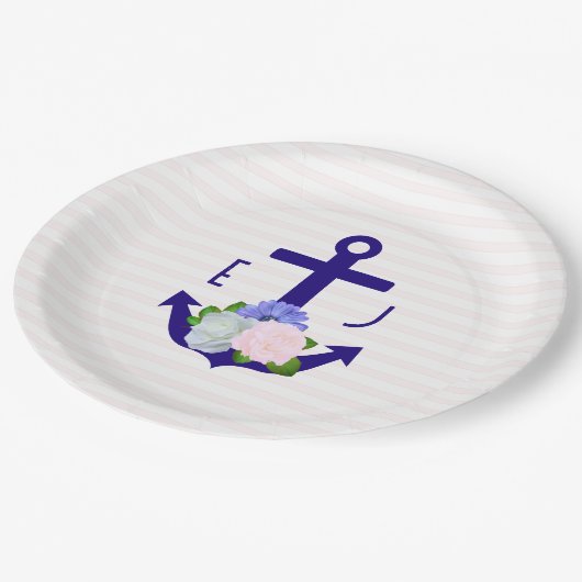 Nautical Floral Stripes Wedding Pappteller (Schrägansicht)