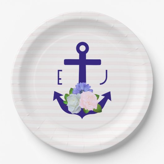 Nautical Floral Stripes Wedding Pappteller (Vorderseite)