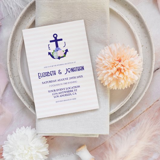 Nautical Floral Stripes Wedding Reception Einladung