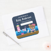 Nautical Girl Bear Pink und Navy Baby Buchzeichen Quadratischer Aufkleber (Umschlag)