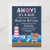 Nautical Girl Bear Pink und Navy Baby Dusche Einladung (Vorderseite)