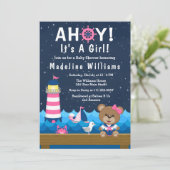 Nautical Girl Bear Pink und Navy Baby Dusche Einladung (Stehend Vorderseite)