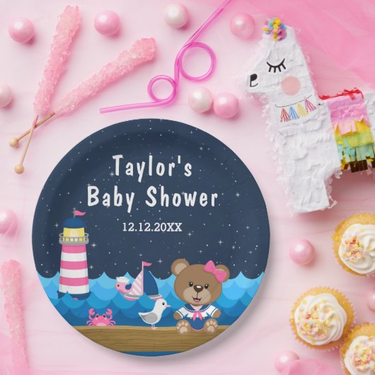 Nautical Girl Bear Pink und Navy Baby Dusche Pappteller (Party)
