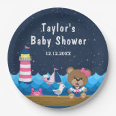Nautical Girl Bear Pink und Navy Baby Dusche Pappteller (Vorderseite)