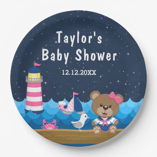 Nautical Girl Bear Pink und Navy Baby Dusche Pappteller (Vorderseite)