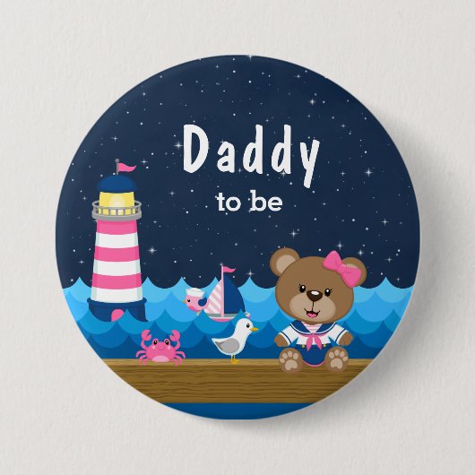 Nautical Girl Bear Pink und Navy Daddy zu sein Button (Vorderseite)
