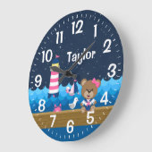 Nautical Girl Bear Pink und Navy Große Wanduhr (Winkel)