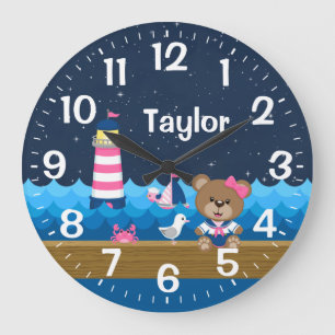 Nautical Girl Bear Pink und Navy Große Wanduhr