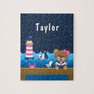 Nautical Girl Bear Pink und Navy Puzzle