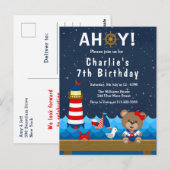 Nautical Girl Bear Red and Navy Birthday Party Postkarte (Vorne/Hinten)