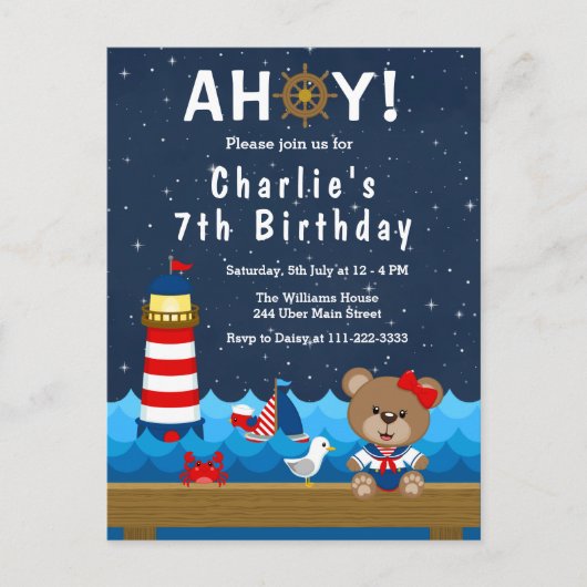 Nautical Girl Bear Red and Navy Birthday Party Postkarte (Vorderseite)