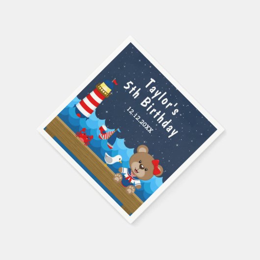 Nautical Girl Bear Red and Navy Birthday Party Serviette (Ecke)