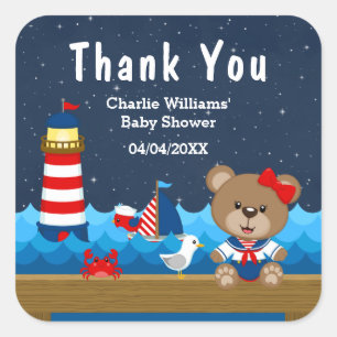 Nautical Girl Bear Red Baby Dusche Vielen Dank Quadratischer Aufkleber