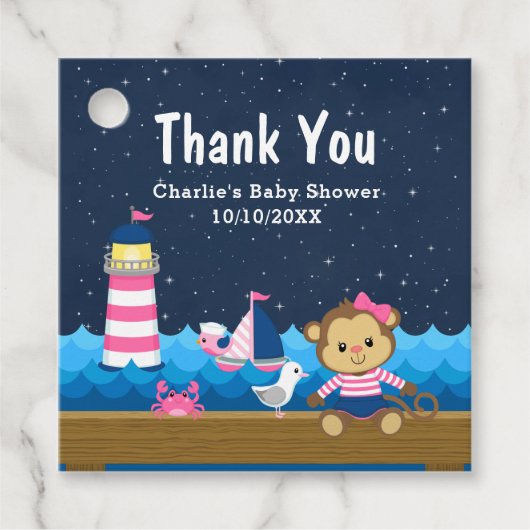 Nautical Girl Monkey Pink Baby Dusche Danke Geschenkanhänger (Vorderseite)