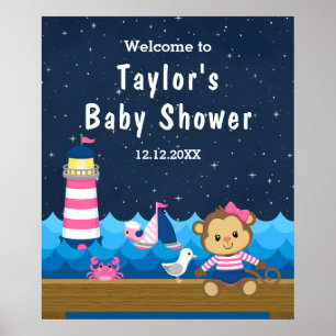 Nautical Girl Monkey Pink Navy Baby Dusche Willkom Poster