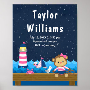 Nautical Girl Monkey Pink Navy Geburtenstatistik Poster