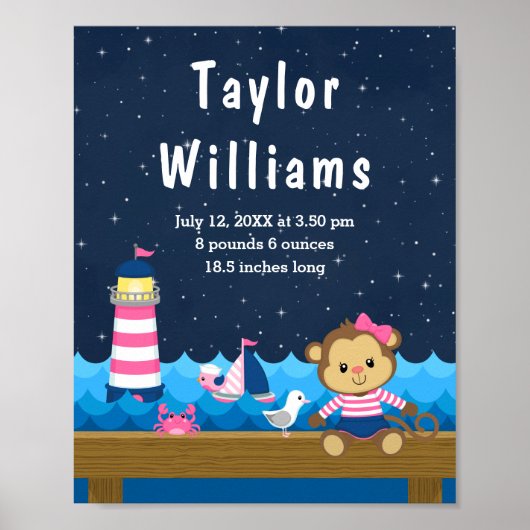 Nautical Girl Monkey Pink Navy Geburtenstatistik Poster (Vorne)