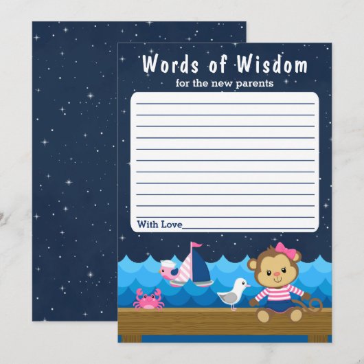 Nautical Girl Monkey Pink und die Worte der Weishe Einladung (Vorne/Hinten)