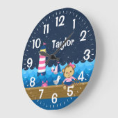 Nautical Girl Monkey Pink und Marine Große Wanduhr (Winkel)