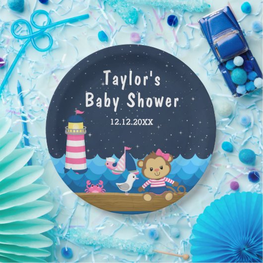 Nautical Girl Monkey Pink und Navy Baby Dusche Pappteller (Party)