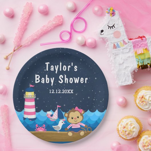 Nautical Girl Monkey Pink und Navy Baby Dusche Pappteller (Party)