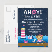 Nautical Girl Monkey Pink und Navy Baby Dusche Postkarte (Vorne/Hinten)