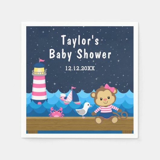 Nautical Girl Monkey Pink und Navy Baby Dusche Serviette (Vorderseite)