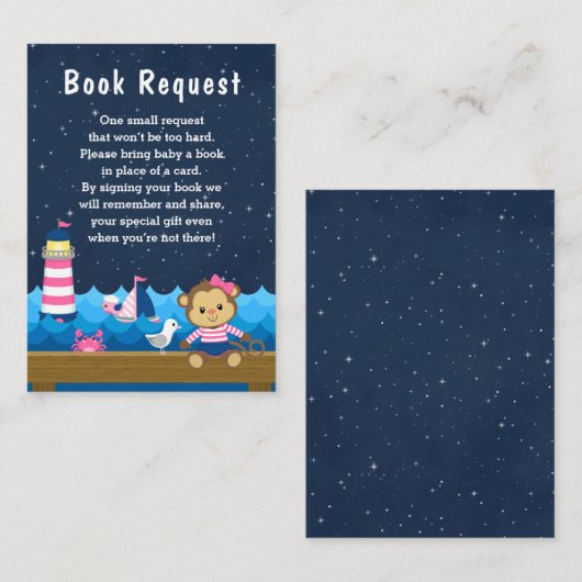 Nautical Girl Monkey Pink und Navy Book Request Begleitkarte (Vorne/Hinten)