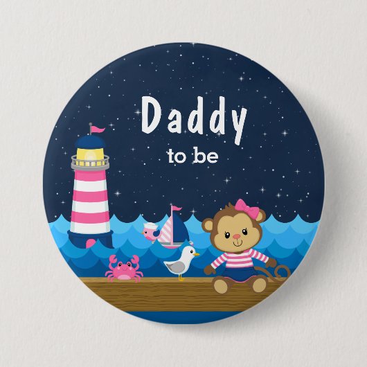 Nautical Girl Monkey Pink und Navy Daddy zu sein Button (Vorderseite)