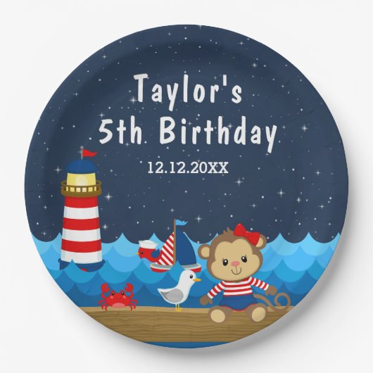 Nautical Girl Monkey Red and Navy Birthday Party Pappteller (Vorderseite)