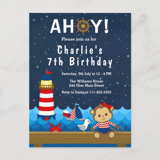 Nautical Girl Monkey Red and Navy Birthday Party Postkarte (Vorderseite)
