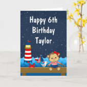 Nautical Girl Monkey Red and Navy Happy Birthday Karte (Gelbe Blume)