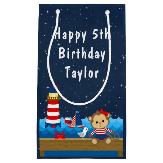 Nautical Girl Monkey Red and Navy Happy Birthday Kleine Geschenktüte (Vorderseite)
