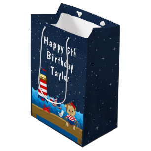 Nautical Girl Monkey Red and Navy Happy Birthday Mittlere Geschenktüte