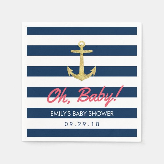 Nautical Gold Anchor Navy Blue Stripes Baby Dusche Serviette (Vorderseite)