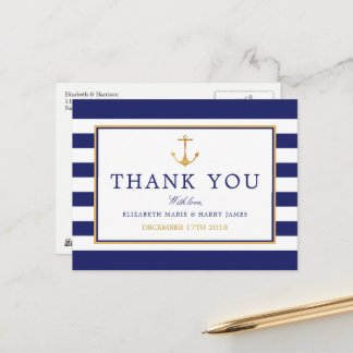 Nautical Gold Anchor, Navy & Gold Vielen Dank Postkarte