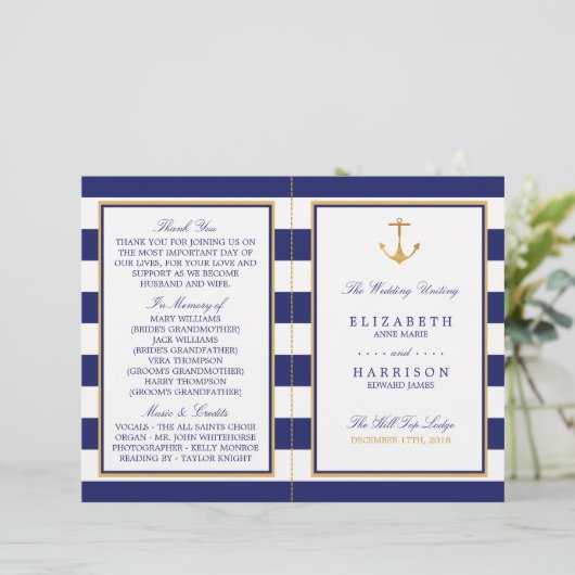 Nautical Gold Anchor, Navy/Gold Wedding Program (Stehend Vorderseite)