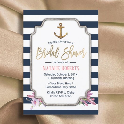 Nautical Gold Anchor Navy Stripes Brautparty Einladung