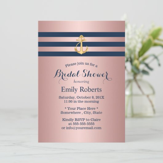 Nautical Gold Anchor Navy Stripes Brautparty Einladung (Stehend Vorderseite)