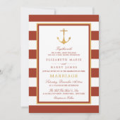 Nautical Gold Anchor, Red Brick & Gold Wedding Einladung (Vorderseite)