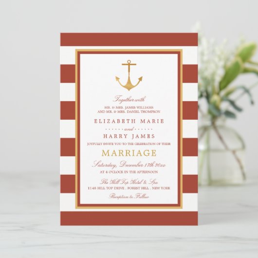 Nautical Gold Anchor, Red Brick & Gold Wedding Einladung (Stehend Vorderseite)