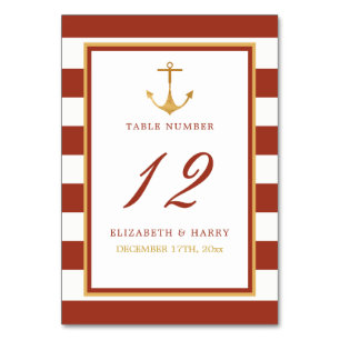 Nautical Gold Anchor, Red Brick & Gold Wedding Tischnummer
