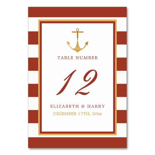 Nautical Gold Anchor, Red Brick & Gold Wedding Tischnummer (Vorderseite)