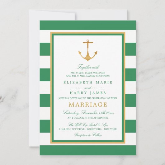 Nautical Gold Anchor, Sea Green & Gold Hochzeit Einladung (Vorderseite)