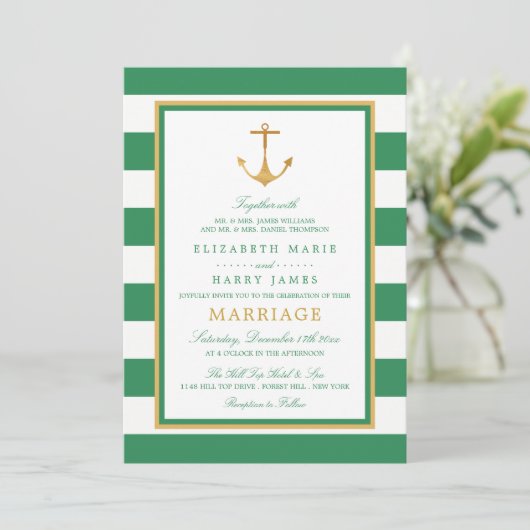 Nautical Gold Anchor, Sea Green & Gold Hochzeit Einladung (Stehend Vorderseite)